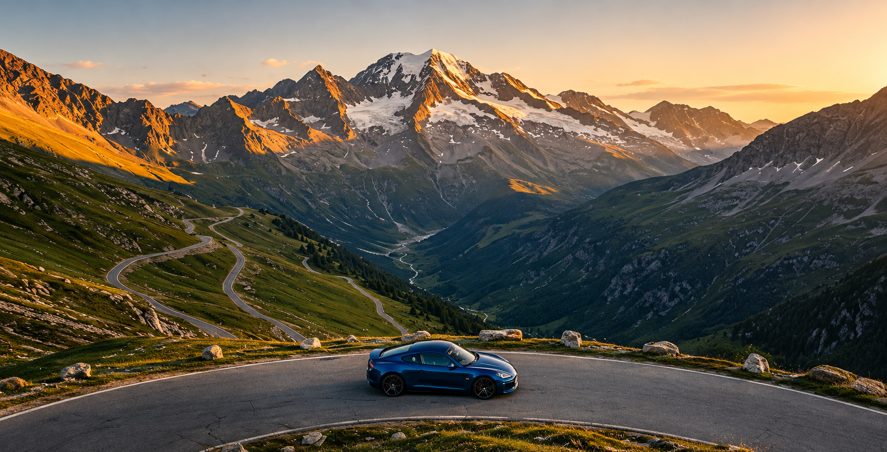A sports car on a scenic road